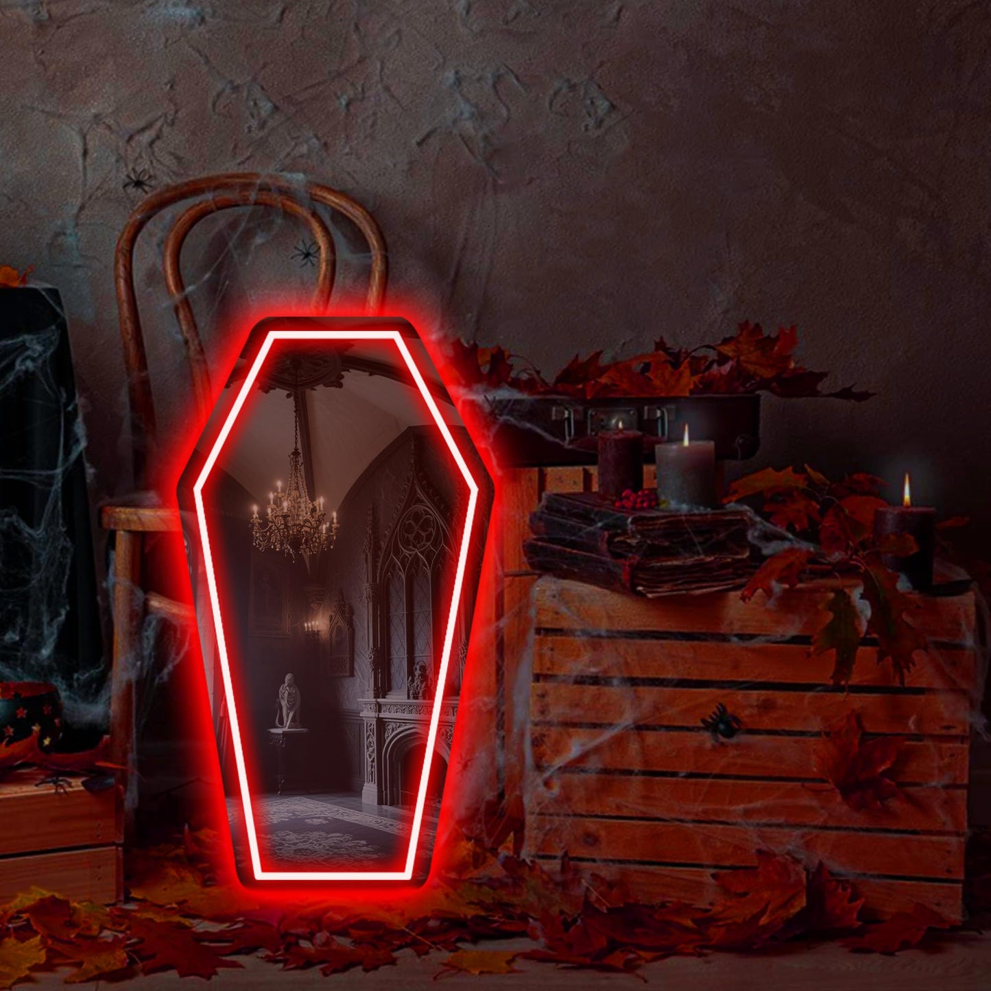 Coffin Mirror Neon Sign, Coffin Neon Signs for Wall Decor, Goth Neon Sign Gift for Goth Lovers, Coffin Make-up Mirror Whimsical Goth Home Decor 17″×9.44″