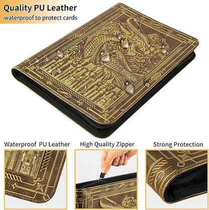TIANREN Card Binder 9 Pocket, 3D PU Leather Album with Zipper, 360 Side Loading Pockets for TCG, MTG, Lorcana, Other Collectible Cards, Trading Card Game Protective Folder Album (Golden Brown)