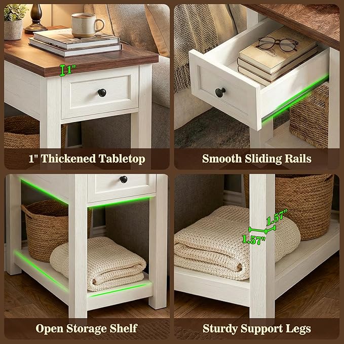Narrow End Table Set of 2 with Charging Station