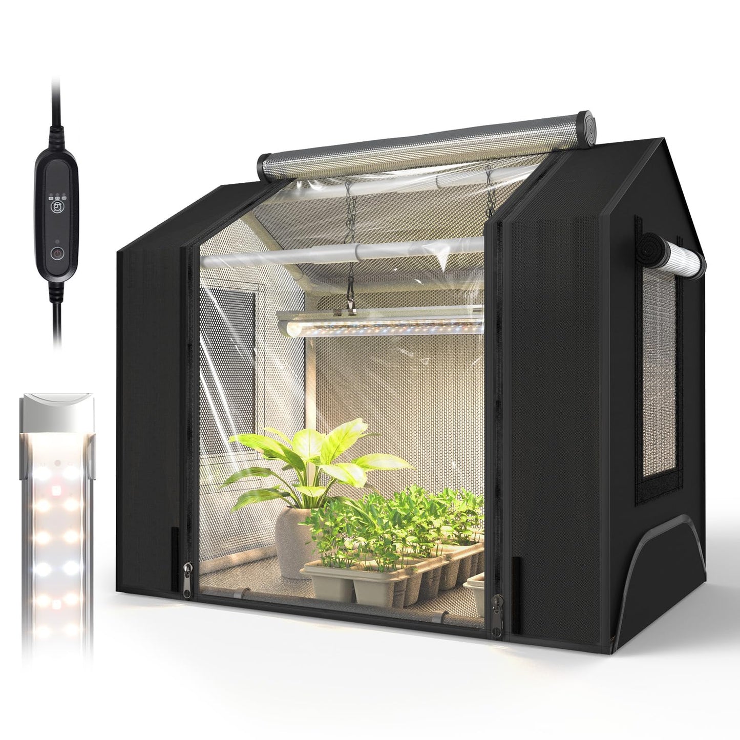 Bstrip Indoor Greenhouse with Grow Light, GM3 Small Grow Tent with Oxford Fabric, Waterproof Base Mat & Ventilation Windows for Seed Starting & Plant Growth, 18W Grow Light with Timer, 23.8x15.7x20.5