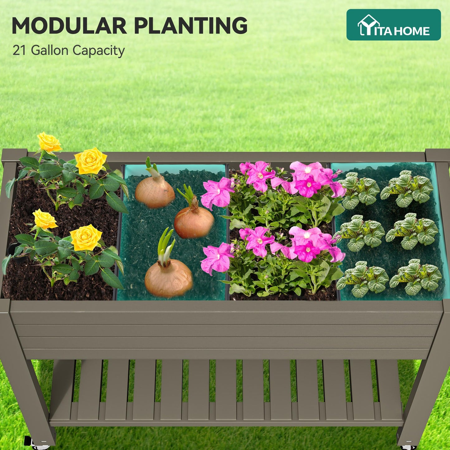 YITAHOME 3.6x1.5x2.8 FT Elevated Garden Bed Kit with Legs and Wheels, Outdoor Large Resin Planter Box Stand with Drain Plug and Storage Shelf for Plants Vegetables Fruits, Light Brown