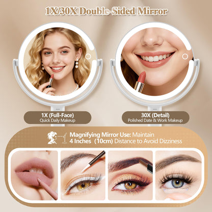 Makeup Mirror with Lights, Double Sided 1x/20x Magnifying Mirror with Light, Rechargeable 3 Color Lights and Adjustable Brightness, 360° Rotation Detachable Comes with Tweezer(Black)