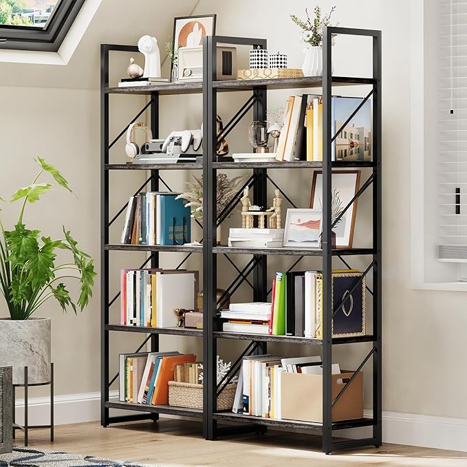 DWVO 5 Tier Bookshelf 2 Pack, Industrial Bookshelves Open Shelf Bookcase