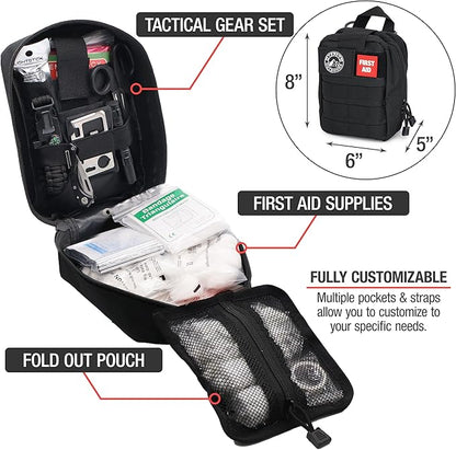 The Brazos First Aid Survival Kit, 250 Pieces, Hiking & Camping Essentials, Survival Gear and First Aid Combo for Emergency Preparedness, Lightweight, Portable, Tactical Clips & Closures, Black