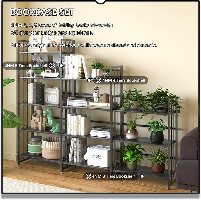 4NM No Assembly 5 Tiers Folding Bookshelf, 59.4" H Foldable Storage Shelves