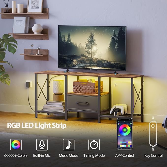 JARHETUN LED TV Stand with Fabric Drawer, Entertainment Center