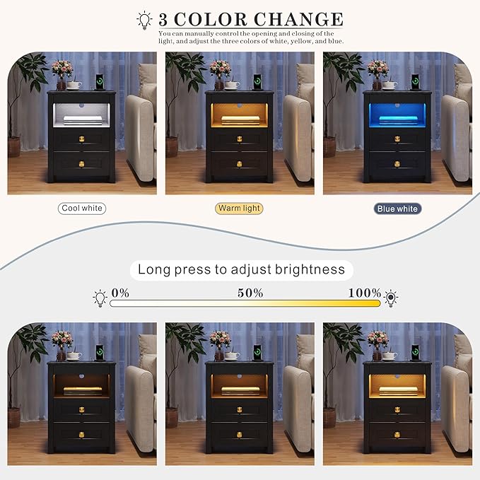 HWB LED Nightstand with Gun Drawer: Bedside Table with Charging Station