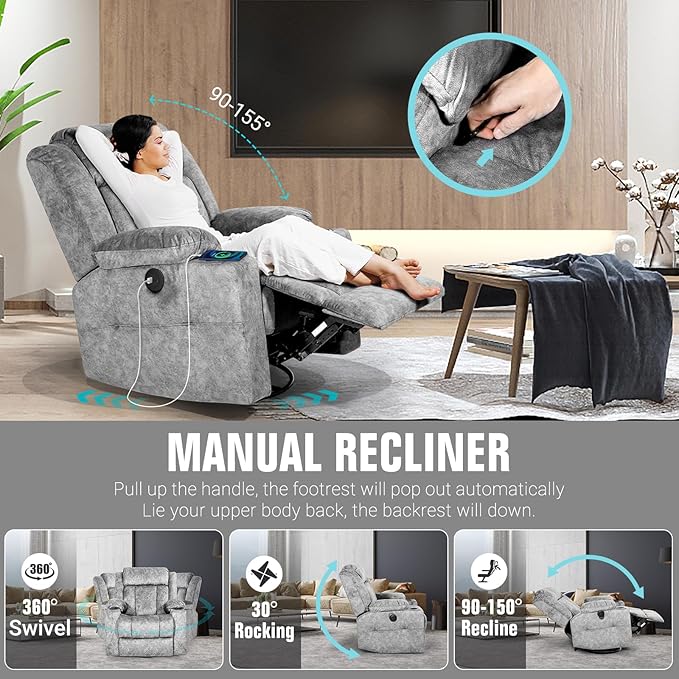LEVELEVE Retro Rocking Recliner Chair, Massage Rocker Recliner Chair