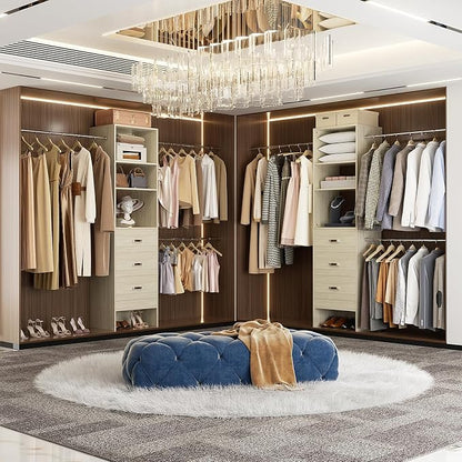 Besiost 96'' Closet Organizer System with 3 Hanging Rods, 8FT Closet Organizers and Storage with 3 Wooden Drawers, Built in Closet Organizer Systems, Adjustable Walk-in Wardrobe from 2-8FT, Light Oak