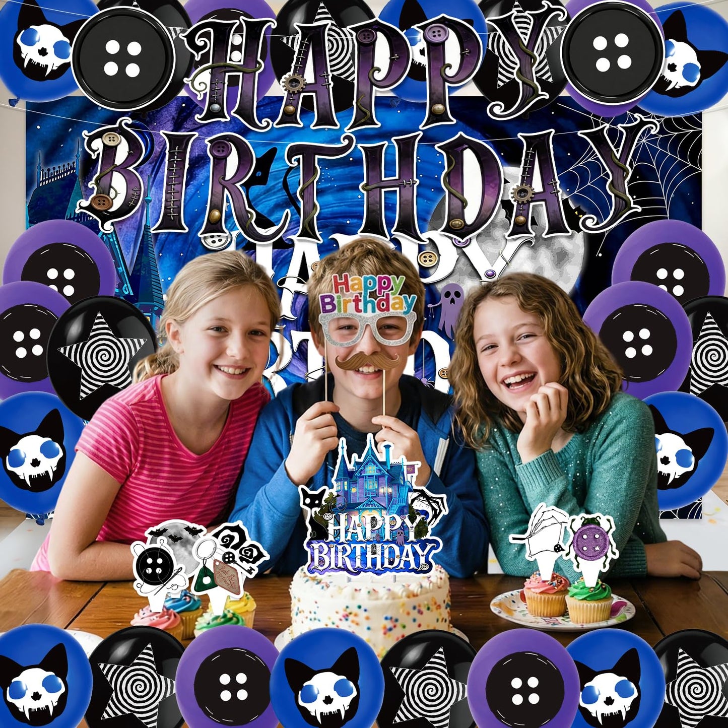 42Pcs Horror Movie Button Eyes Birthday Party Decorations Include Cake Topper Cupcake Toppers Horror Movie Happy Birthday Party Flag Banner and Balloons Backdrog