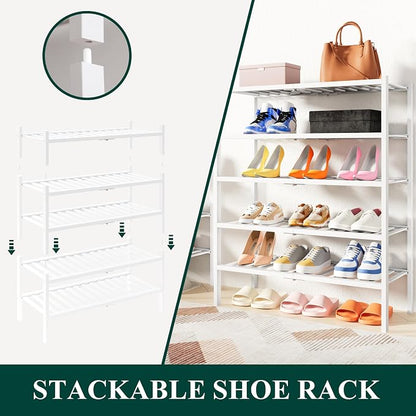 Smiry Bamboo Shoe Rack, 5 Tier Free Standing Wooden Shoe Organizer, Stackable Wood Shoe Storage Shelf for Closet, Entryway, 14 Vertical Slats, 2+2+1 Stack Heavy-Duty Legs, 26.8"x11"x32.5", White