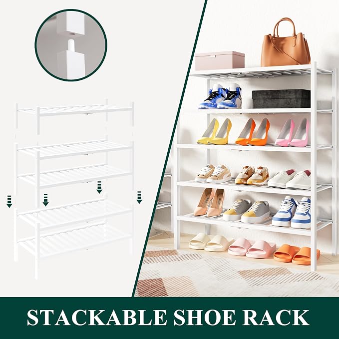 Smiry Bamboo Shoe Rack, 6 Tier Free Standing Wooden Shoe Organizer, Stackable Wood Shoe Storage Shelf for Closet, Entryway, 14 Vertical Slats, 2+2+2 Stack Heavy-Duty Legs, 26.8"x11"x39", White