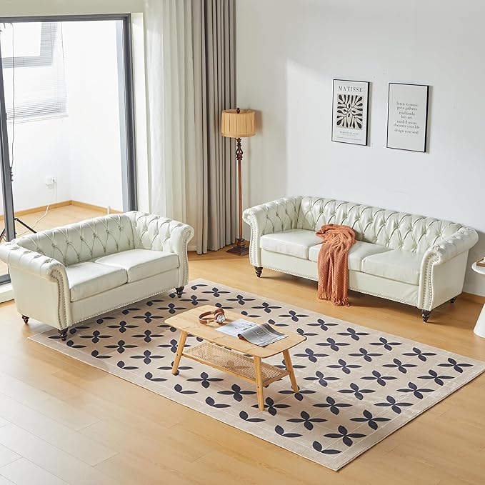 LEVNARY Leather Sofa, Chesterfield Tufted Upholstered 2 Seater Couch, Modern