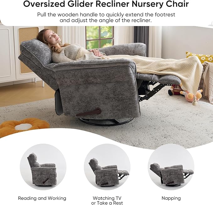 Rocking Chair Nursery with Adjustable Headrest, Manual Swivel Rocker Recliner