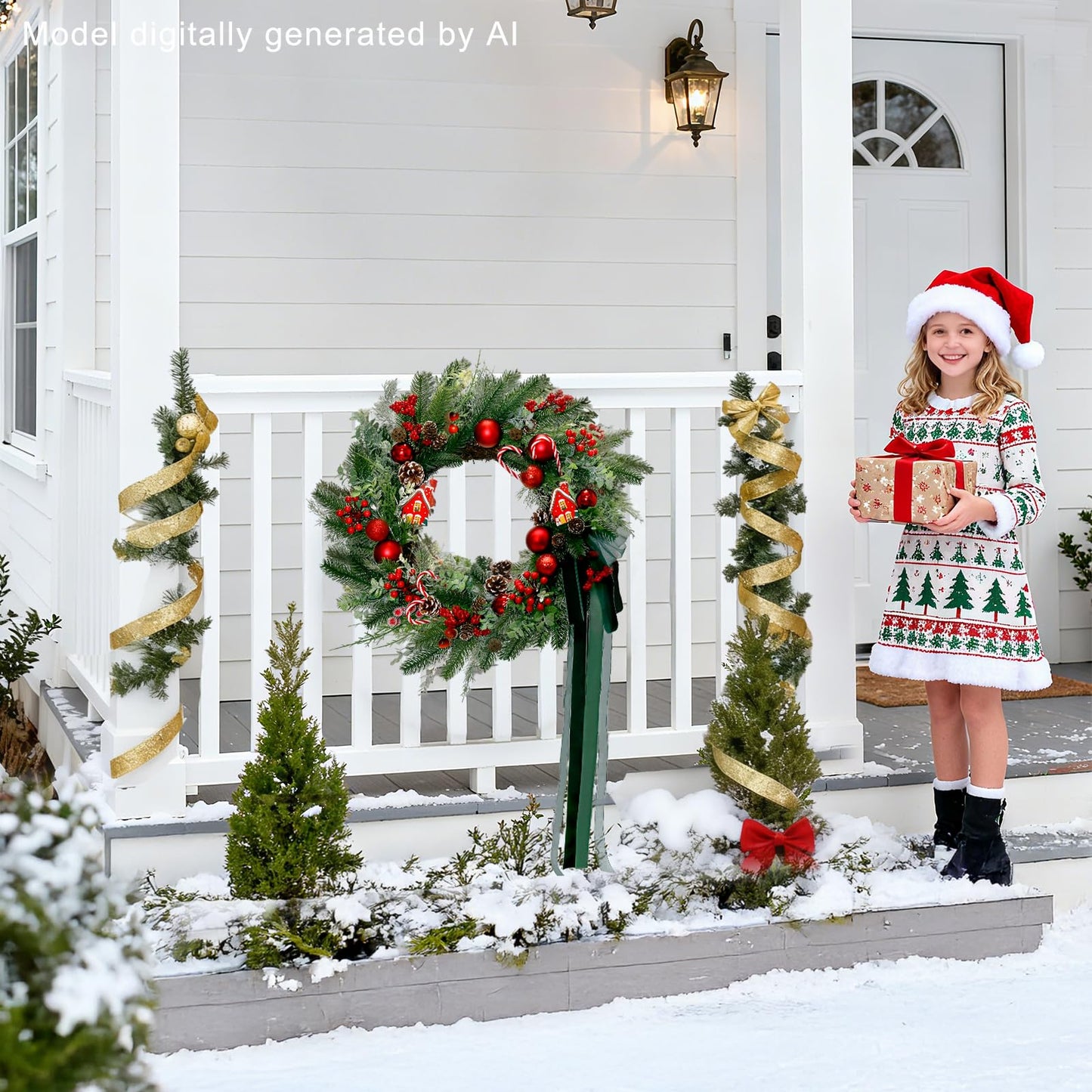 20" Christmas Wreath for Front Door, Christmas Door Wreath Decoration with Ball Ornaments, Red White Candy, Pine Cones Berries & Bow, Holiday Decoration