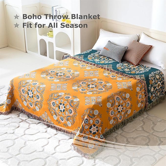 LUTBM Boho Throw Blanket for Bed 100% Cotton Soft Lightweight Quilt Reversible