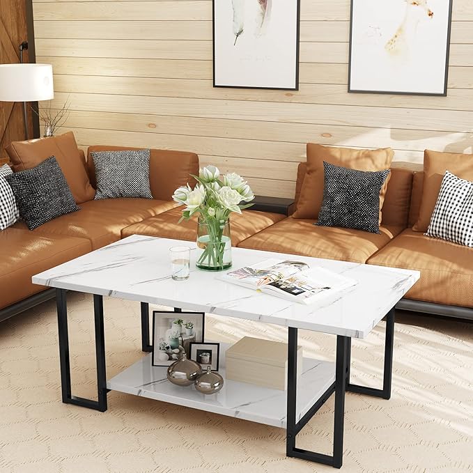 AWQM Marble Coffee Table, Faux Marble Top Rectangular Coffee Table