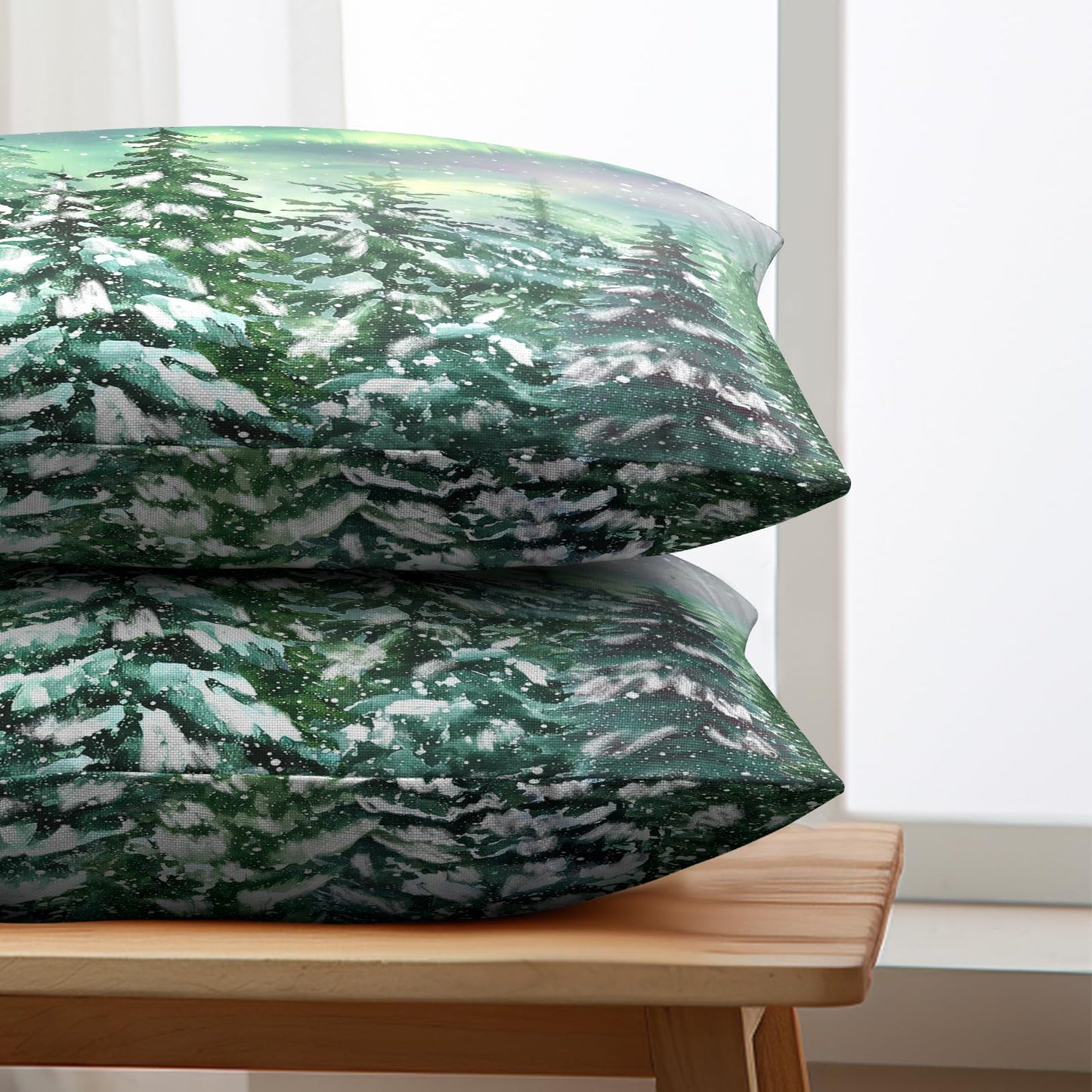 Kwlegh Winter Aurora Lumbar Pillow Covers 12x20 Set of 2 Snowy Pine Tree Throw Pillow Covers Green Polar Light Forest Pillow Case Rectangular Cushion Case for Home Decor Couch Sofa