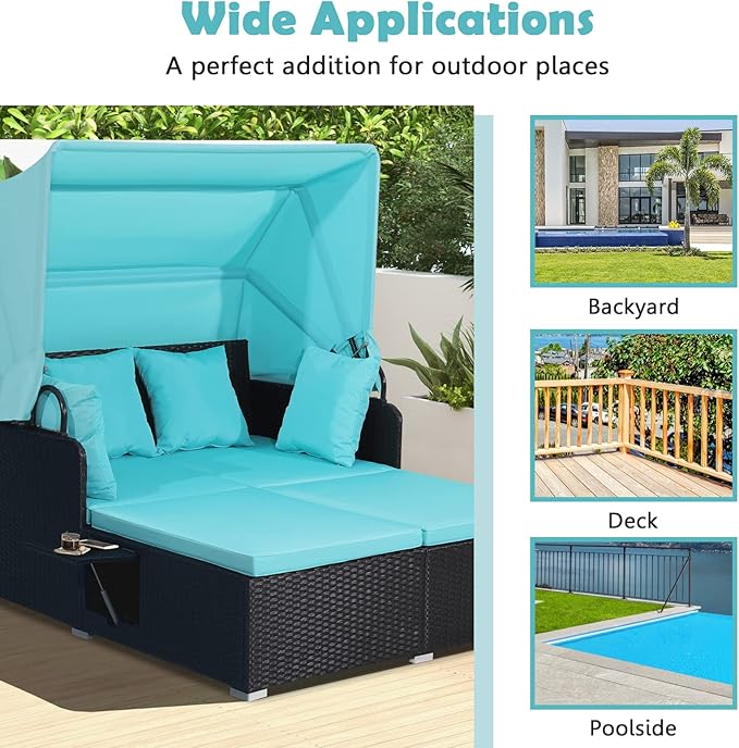 COSTWAY Outdoor Daybed with Retractable Canopy, Wicker Patio Furniture Set with