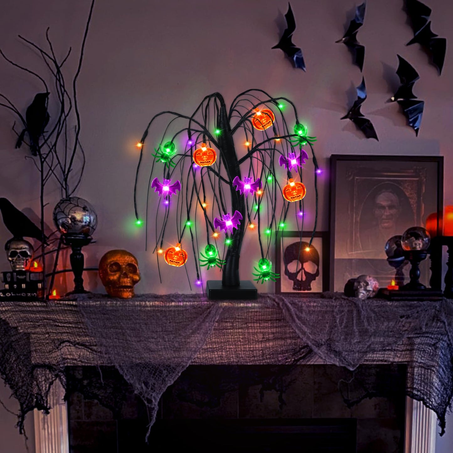 Halloween Table Decor 18 Inch 36 LED Halloween Willow Tree with Pumpkin Bat Spider Lights, Timer/USB/Battery Operated Black Halloween Tree Spooky Halloween Decorations Indoor for Home Party Room Gifts