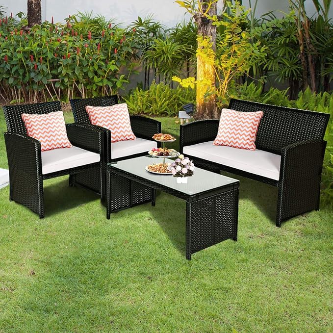 Tangkula Patio Wicker Conversation Furniture Set, Patiojoy Sofa & Table Set w/4