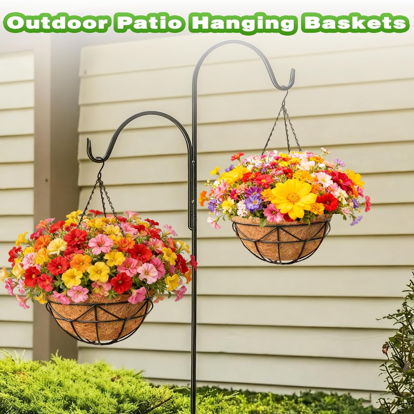 Qusuxi 2 Pack 12 Inch Metal Outdoor Hanging Baskets Black Heavy Duty Hanging Planters with Coco Liners for Indoor Outdoor Plants Gardens Patios Terraces（Geometric）