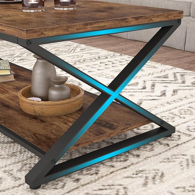 HSH Wood Coffee Table with Storage, Farmhouse Rustic Brown Coffee Table