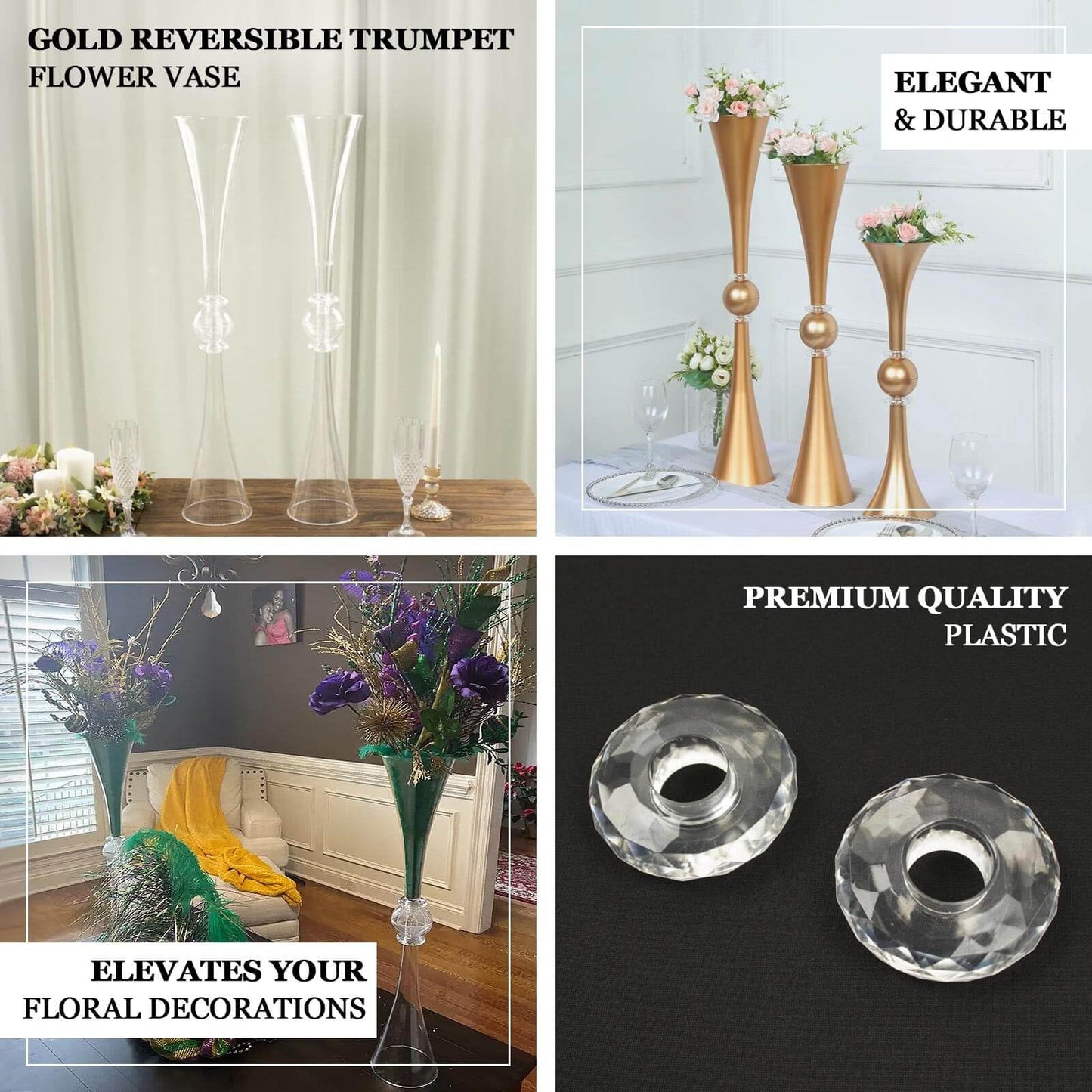 Efavormart 2 Pack | 31" Clear Crystal Embellishment Trumpet Table Centerpiece, Reversible Plastic Flower Vase