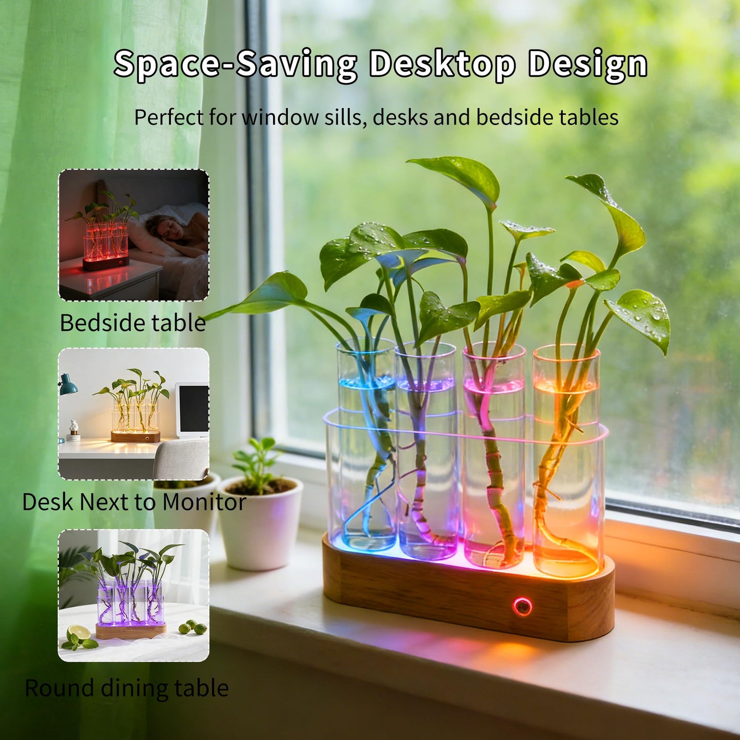 Plant Propagation Station with RGB Lights, Wooden Stand, 4 Glass Test Tubes for Hydroponic Plants, 9 Lighting Modes, Unique Gift for Plant Lovers