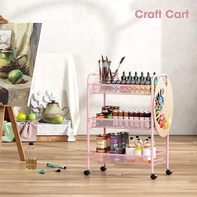 TOOLF 3 Tier Rolling Cart Pink
