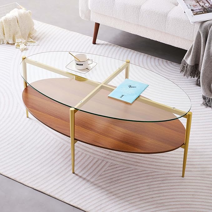 LumFurn Oval Glass Coffee Table, Mid-Century Modern Design, L43 x W22 x H17 inch