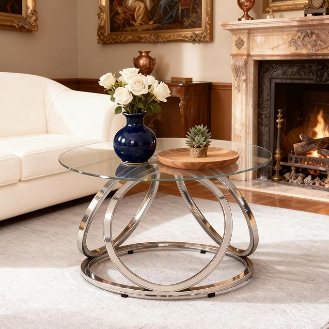 O&K FURNITURE Silver Coffee Table, Modern Glass Coffee Table Living Room Table