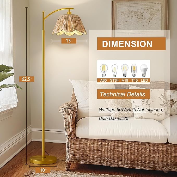 Oneach Arc Floor Lamp for Living Room, Rattan Boho Floor Lamp
