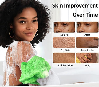 Authentic African Net Sponge with Knots - 2 Pieces Exfoliating Body Sponge Purple & Green - Back Scrubber Shower Exfoliator for Women Personal Care - Shower Scrub for Body Wash Bathing Accessories