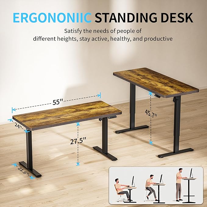 BIZUM Electric Standing Desk, Rustic Brown Sit to Stand Desk Memory Gaming