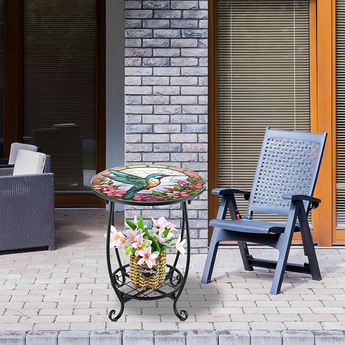 Cinnvoice Outdoor Side Table Round Small Mosaic Patio Accent Indoor End Plant