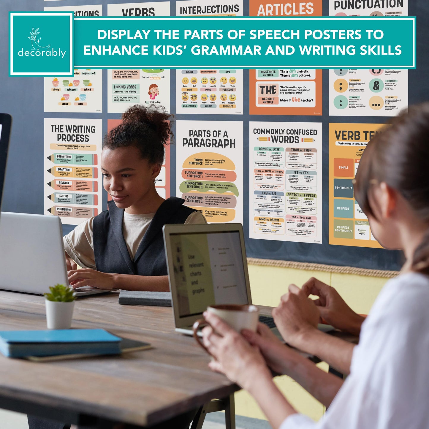 Decorably Parts of Speech Posters and Math Teacher Sayings Posters for Classroom