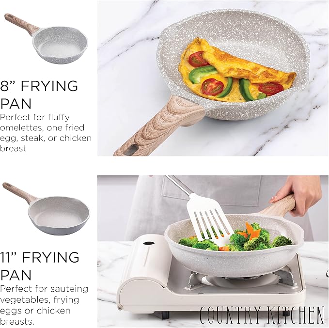 Country Kitchen Non-Stick Cast Aluminum Cookware Set - Durable Kitchen Cookware for Everyday Cooking, Speckled Cream, 8 Pc.