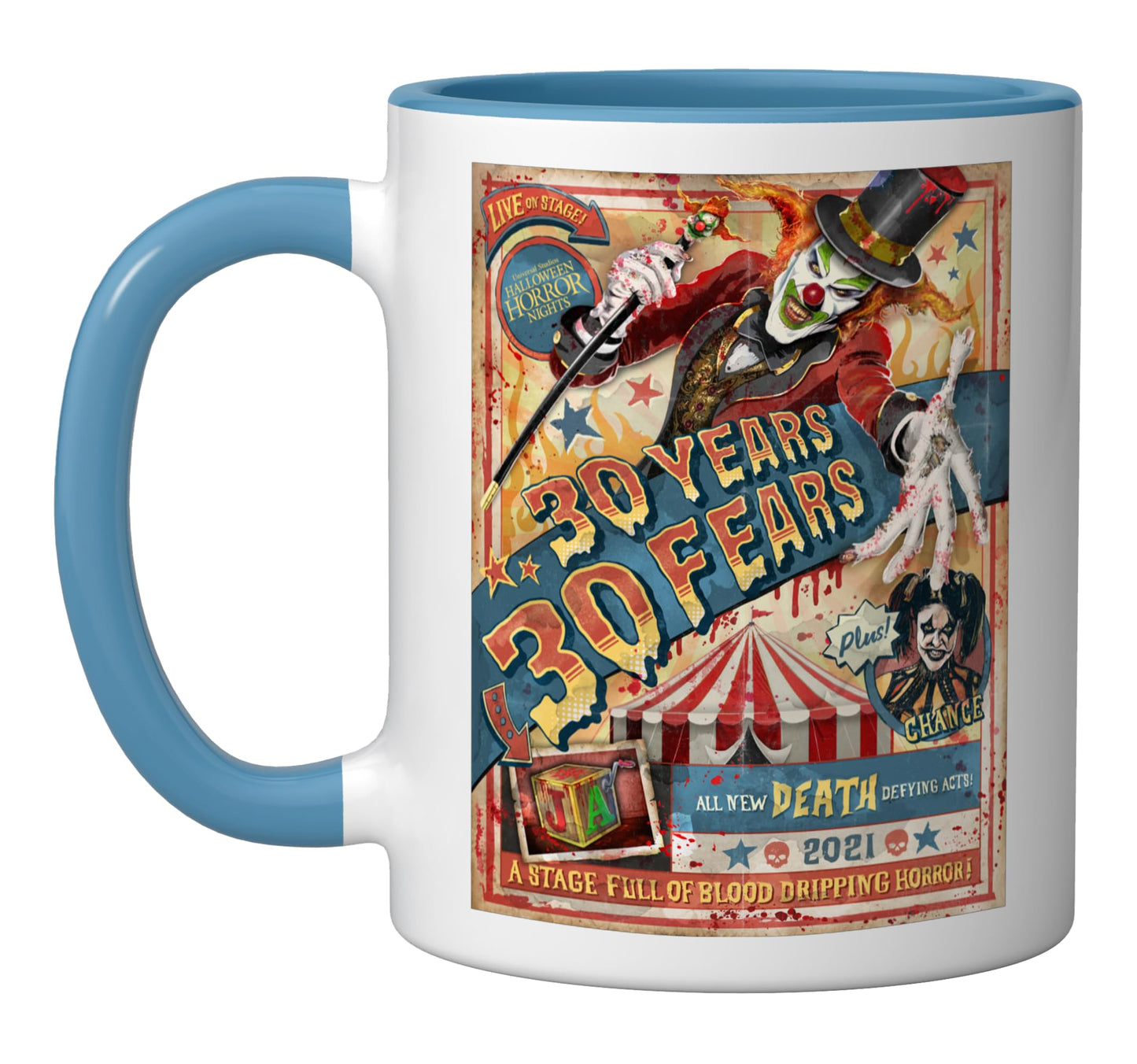 Halloween Horror Nights HHN Jack the Clown Ceramic Mug, Blue/White
