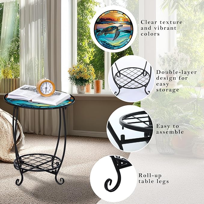 Cinnvoice Outdoor Side Table Round Small Mosaic Patio Accent Indoor End Plant
