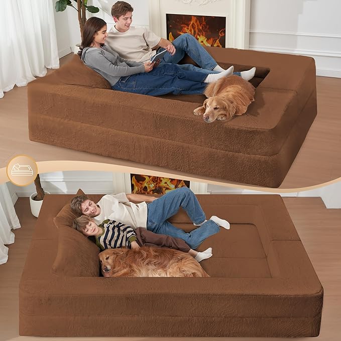 Folding Bean Bag Chair for Adults, 3-in-1 Bean Bag Couch Faux Fur Floor Sofa