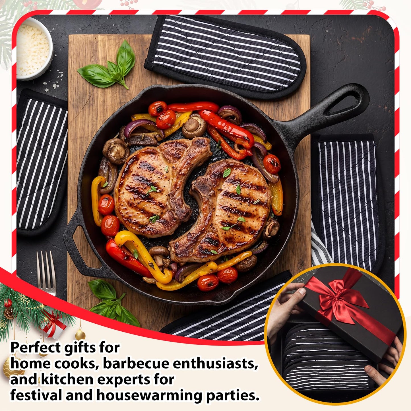 Dandat 24 Set Hot Handle Covers for Daily Replace Use Gift Pan Handle Sleeve Cover Heat Resistant Cast Iron Holder Sleeve Washable Handgrip Mitts for Christmas Kitchen BBQ Baking Cookware(Stripe)