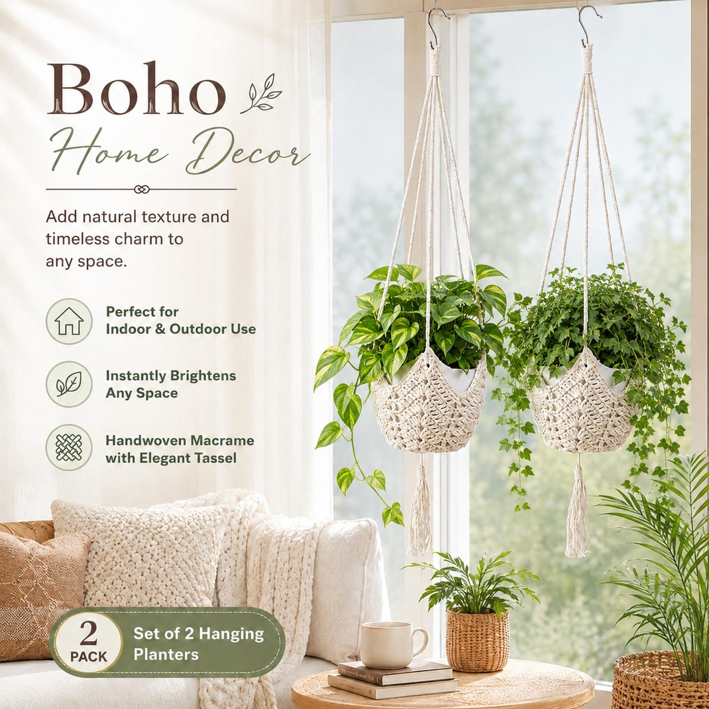 LAGWIUY 40 Inch Macrame Plant Hanger 2 Pack, White Hanging Planters with S-Shaped Hooks for Indoor Outdoor Plants, Home Decor