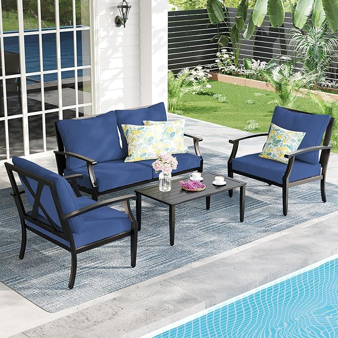 4 Piece Outdoor Patio Furniture Set, Oversized Metal Conversation Set
