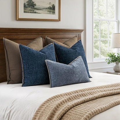 MIULEE Pack of 2 Lumbar Throw Pillow Covers 12x20 Inch Dark Grey Blue Farmhouse Decorative Pillow Covers with Stitched Edge Soft Chenille Solid Dyed Pillow Covers for Couch Sofa Bed Living Room
