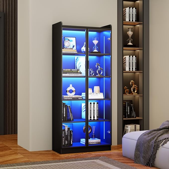 Dystler Display Cabinet with Doors and Adjustable Shelves, 5 Tier Display Case