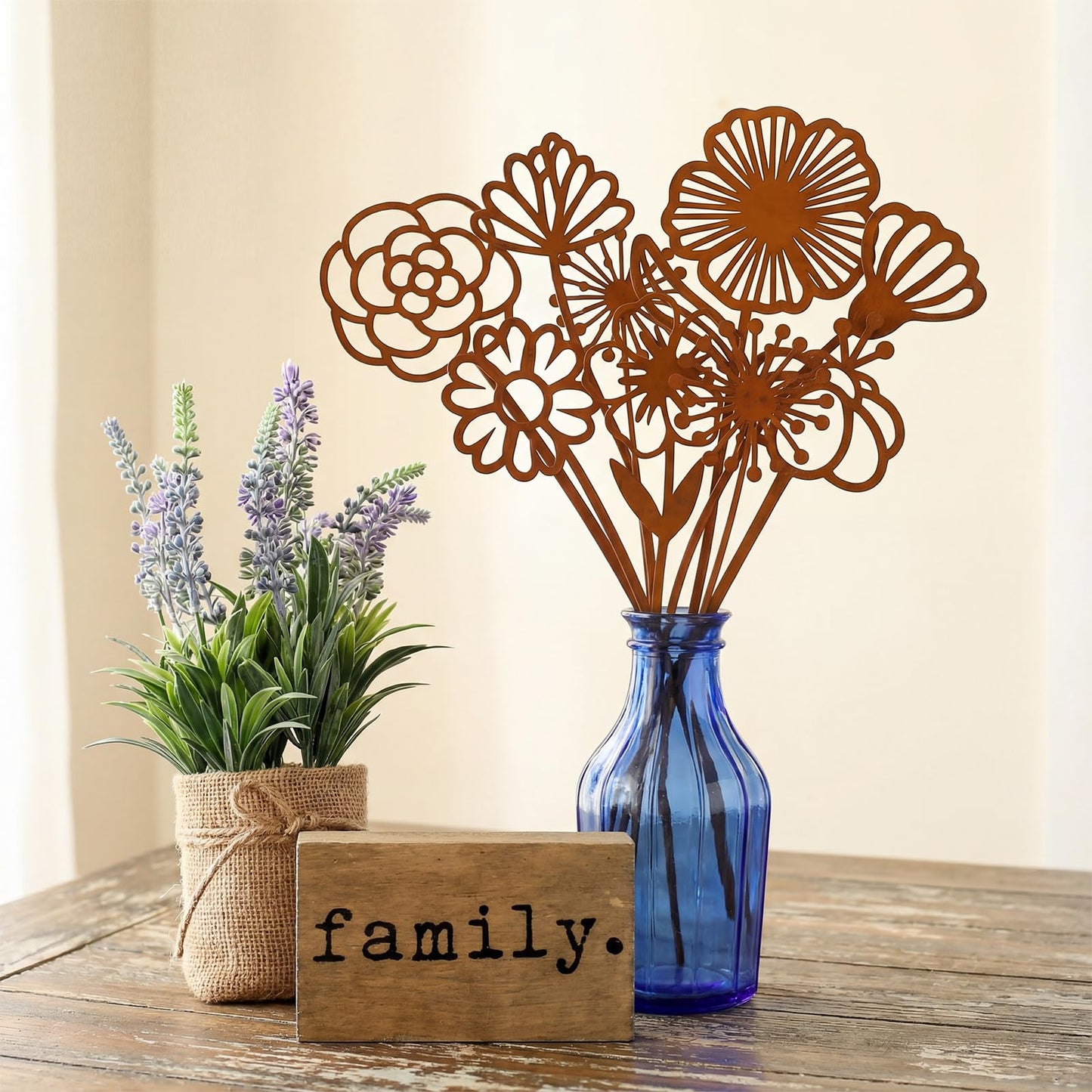 LEIFIDE 12 Pcs Rusty Metal Flowers Stakes Rustic Metal Floral Yard Art Lawn Art Decor Garden Stakes for Home Patio Farm Wedding Courtyard Decoration 12 Inches Tall