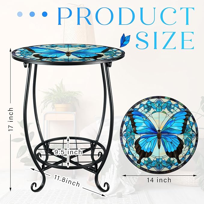 Cinnvoice Outdoor Side Table Round Small Mosaic Patio Accent Indoor End Plant