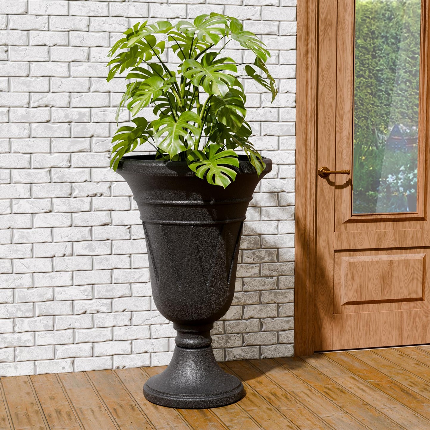 Trygoal 23.6" Tall Plastic Urn Planters for Outdoor Plants, Set of 2 Heavy-Duty Classic Indoor Large Flower Pots with Drainage Holes & Trophy Design, Outdoor Planters for Porch, Home Garden, Black