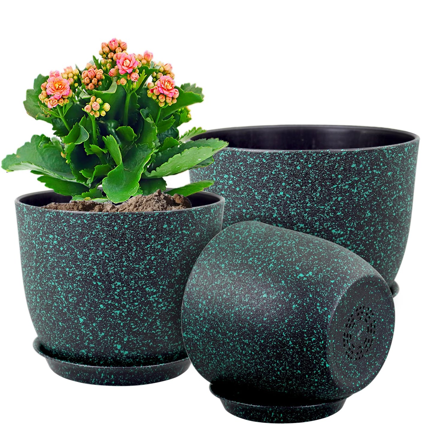 WSMKSZ Plant Pots 10/9/8 inch, Set of 3 Modern Decorative Plastic Planters with Drainage Holes and Saucers for Garden House Plants, Flower Pots for Indoor Outdoor Plants, Black with Green Speckles
